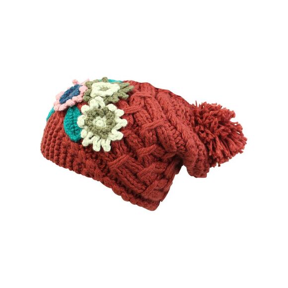 Thick Knit Floral Slouchy Beanie Hat With Brim & Pom Pom - Picture 1 of 8
